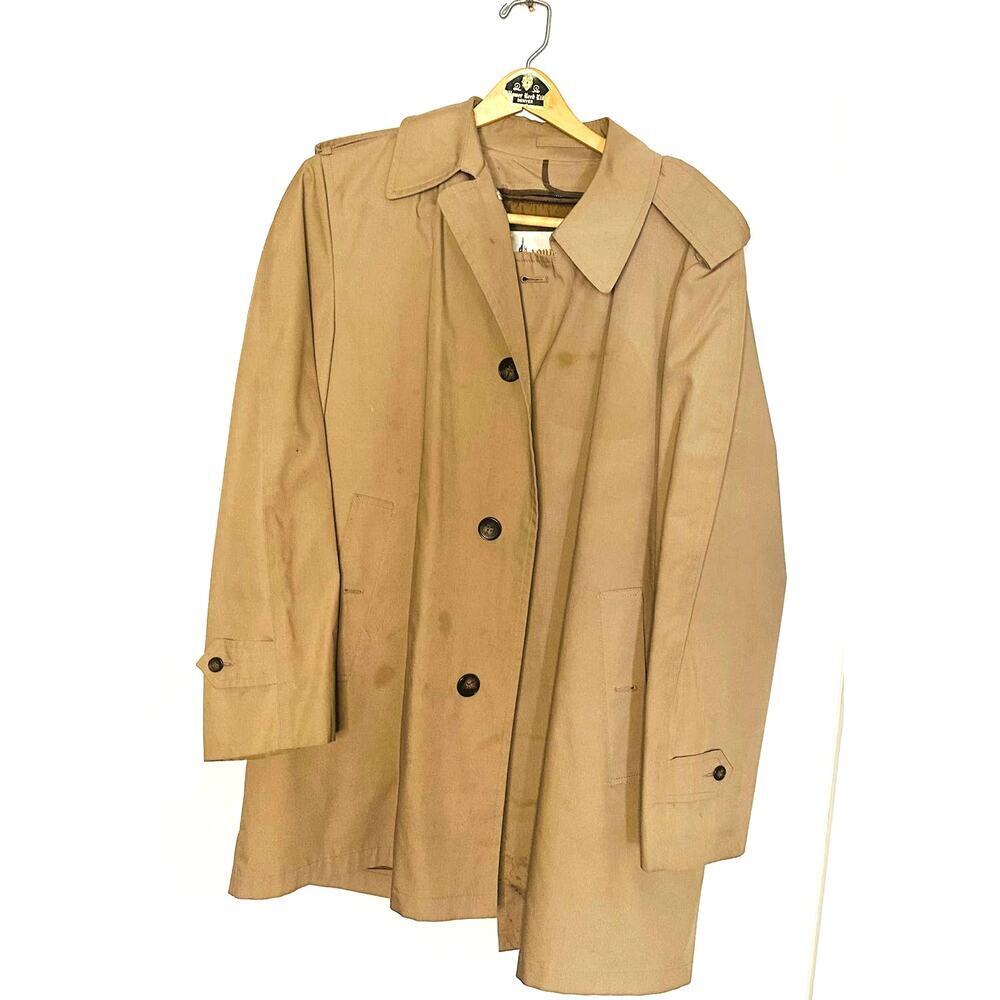 London Fog Tan Black Button Front Zip Out Thinsulate Trench Coat size 42